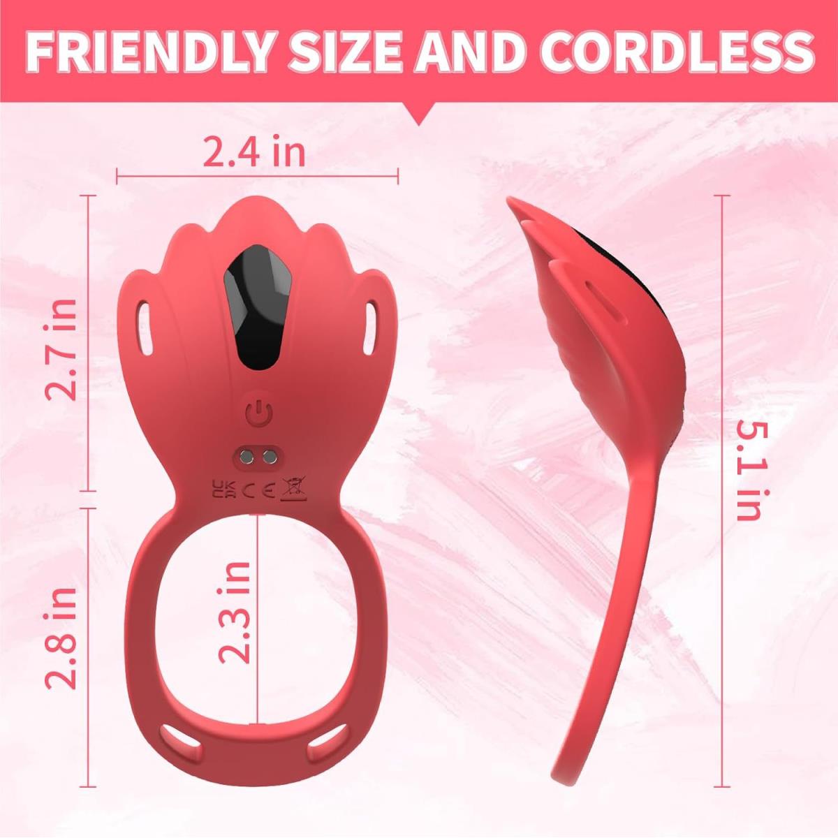Dimension diagram for red wearable vibrator