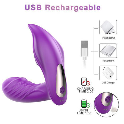 Purple curved vibrator with USB charging diagram