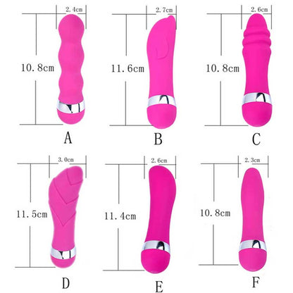 Dimension comparison of six pink mini vibrator styles
