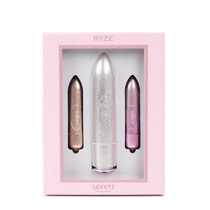 Three metallic mini vibrators in gift packaging