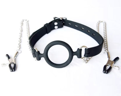 Black ring gag with chains and clips