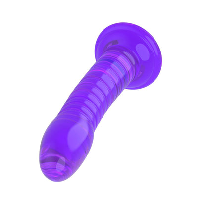 Angled view of purple ribbed toy