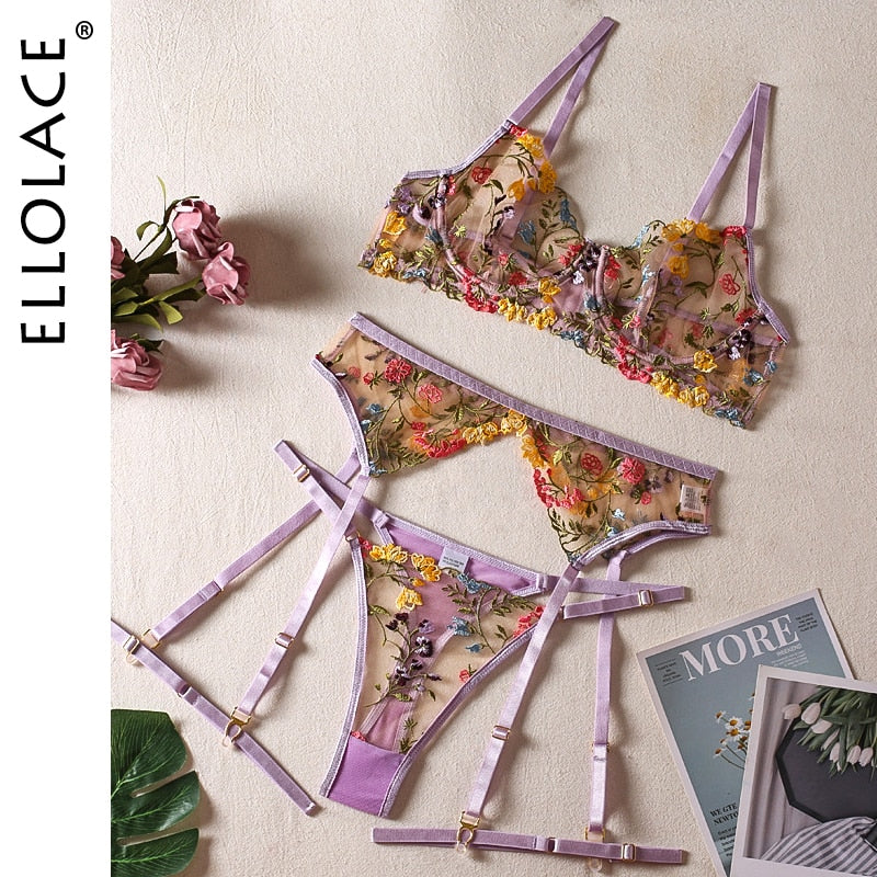 Ellolace Lingerie Sensual Lace Underwear Transparent Embroidery 3-Piece Garters Fancy Beautiful Short Skin Care Kits Intimate