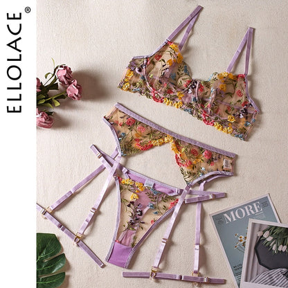 Purple floral embroidered lingerie set displayed flat