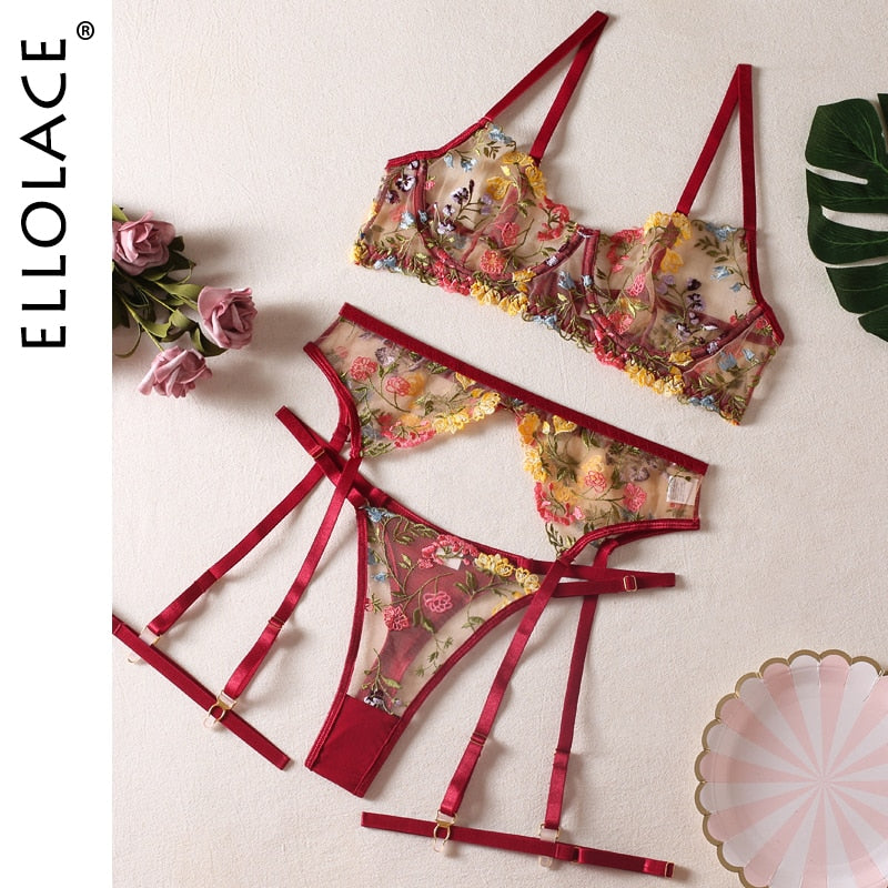 Ellolace Lingerie Sensual Lace Underwear Transparent Embroidery 3-Piece Garters Fancy Beautiful Short Skin Care Kits Intimate