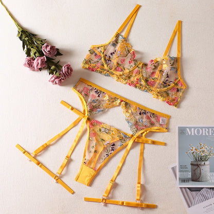 Yellow embroidered bra and garter lingerie set
