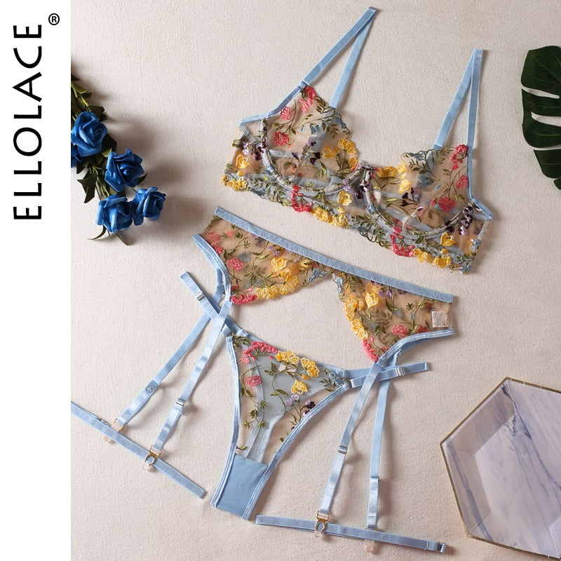 Ellolace Lingerie Sensual Lace Underwear Transparent Embroidery 3-Piece Garters Fancy Beautiful Short Skin Care Kits Intimate