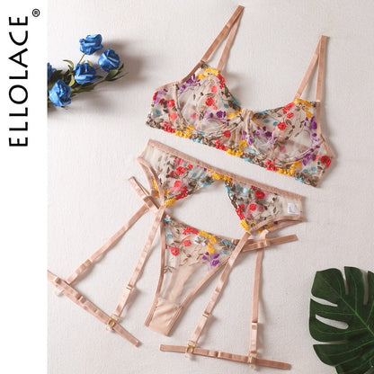 Peach floral embroidered lingerie set displayed flat