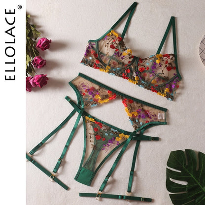 Green floral embroidered bra, garter belt and panty set