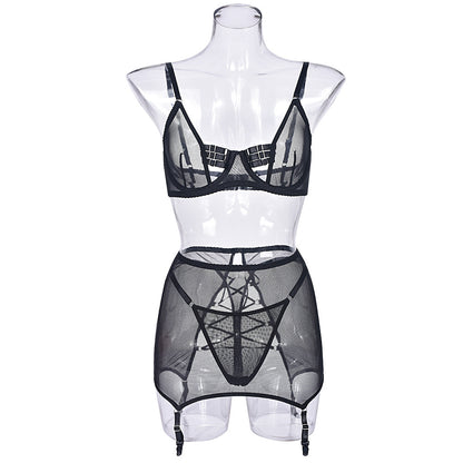 Black mesh garter lingerie displayed on mannequin