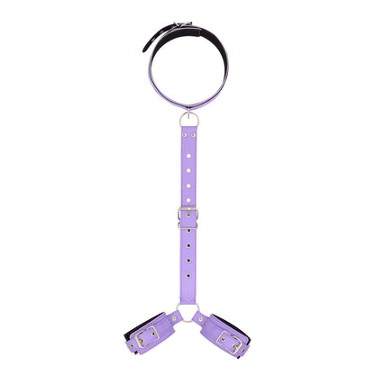 Purple collar linked to wrist cuffs
