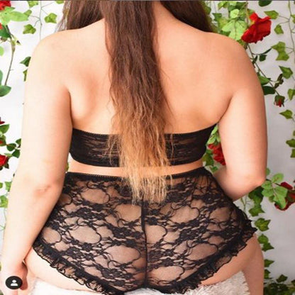 Rear view of black lace bandeau and shorts set