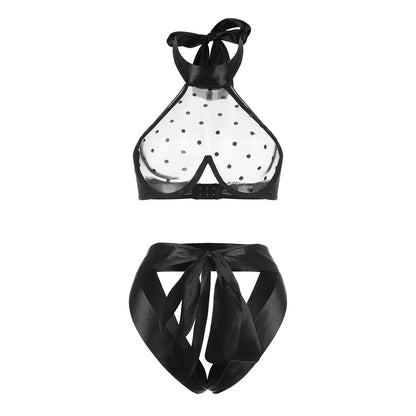 Dotted-mesh bra and ribbon panties displayed separately