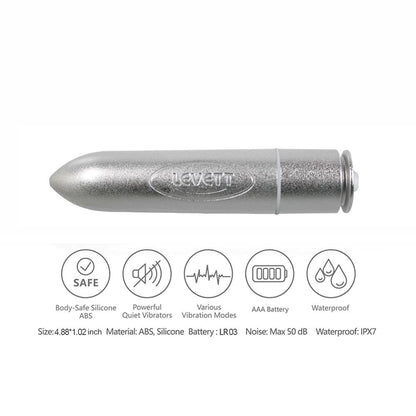 Silver mini vibrator with feature icons