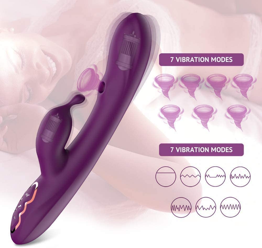 Purple rabbit vibrator with main shaft and rabbit-arm vibration mode illustrations