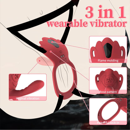 Red wearable vibrator with strap and placement illustrations