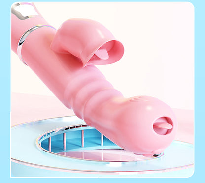 Angled view of pink vibrator with flared attachment