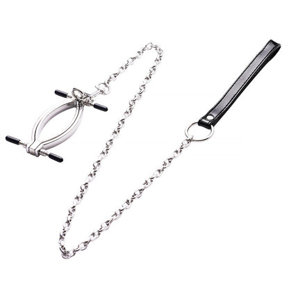 Metal clamp and cylindrical accessory linked by chain