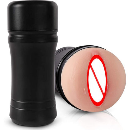 Black masturbator cup with cap removed