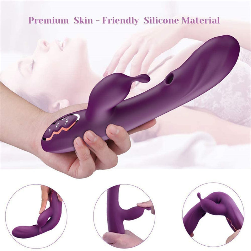 Purple silicone rabbit vibrator shown in a hand with close-ups of its flexible design