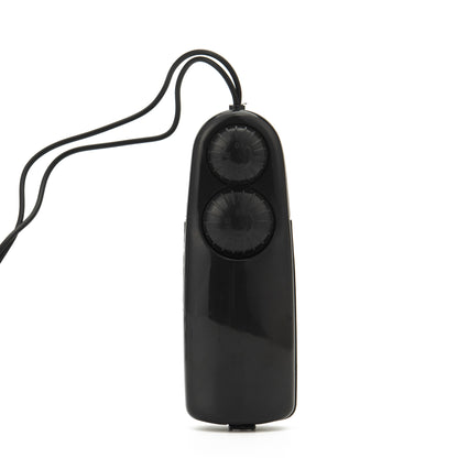 Rear view of black controller and connecting wire