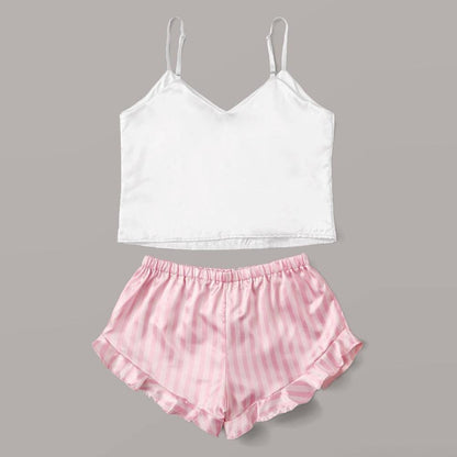 Rear view of white camisole and pink striped shorts