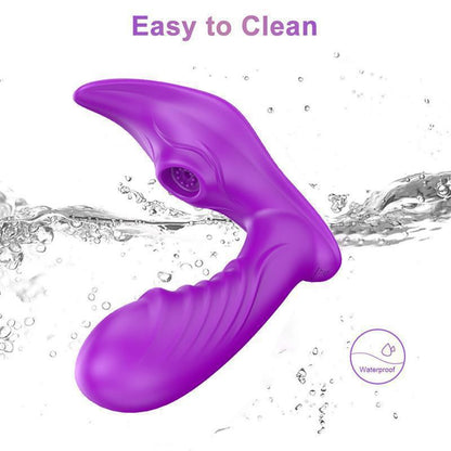 Purple curved vibrator with cleaning illustration