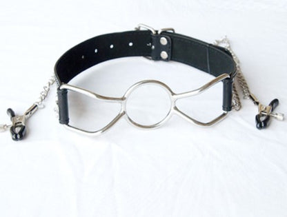 Metal ring gag with chains and clips