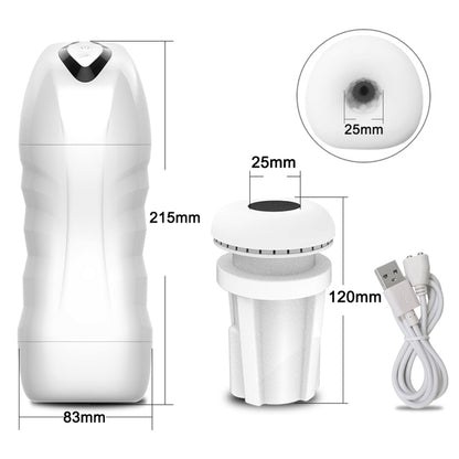 White masturbator cup, removable sleeve and USB cable dimension diagram