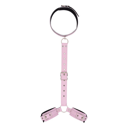Pink collar linked to wrist cuffs