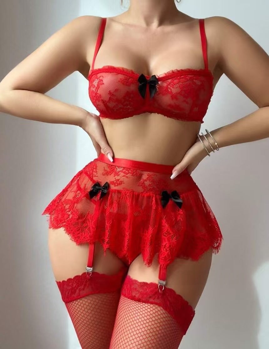 Front view of red skirted garter lingerie