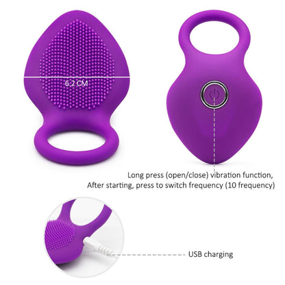 Front and rear views of the purple vibrating ring with button control and USB charging diagram