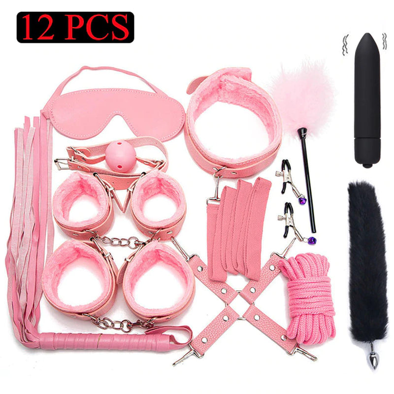 Sexy Leather BDSM Kits Plush Sex Bondage Set Handcuffs Sex Games Whip Gag Nipple Clamps Sex Toys for Couples Exotic Accessories