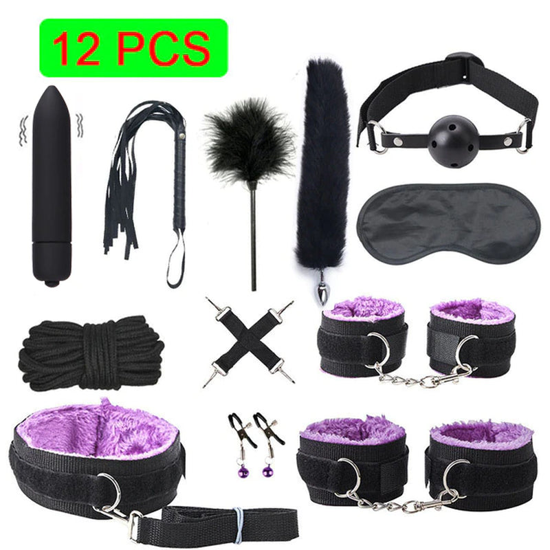 Sexy Leather BDSM Kits Plush Sex Bondage Set Handcuffs Sex Games Whip Gag Nipple Clamps Sex Toys for Couples Exotic Accessories