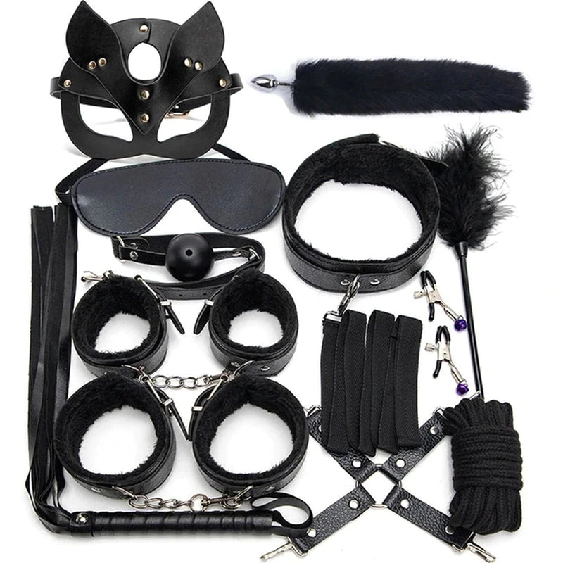 Sexy Leather BDSM Kits Plush Sex Bondage Set Handcuffs Sex Games Whip Gag Nipple Clamps Sex Toys for Couples Exotic Accessories