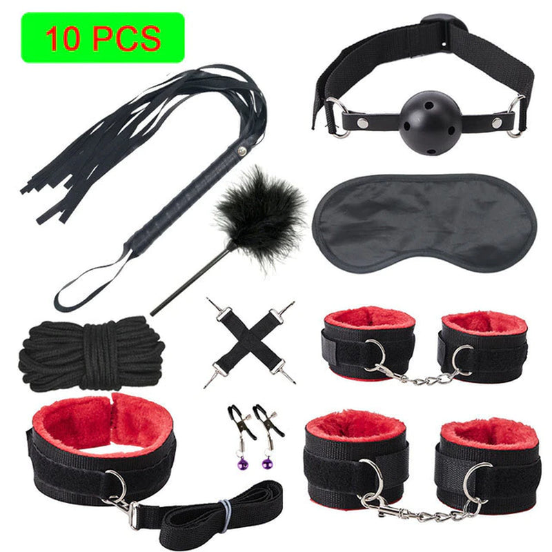 Sexy Leather BDSM Kits Plush Sex Bondage Set Handcuffs Sex Games Whip Gag Nipple Clamps Sex Toys for Couples Exotic Accessories