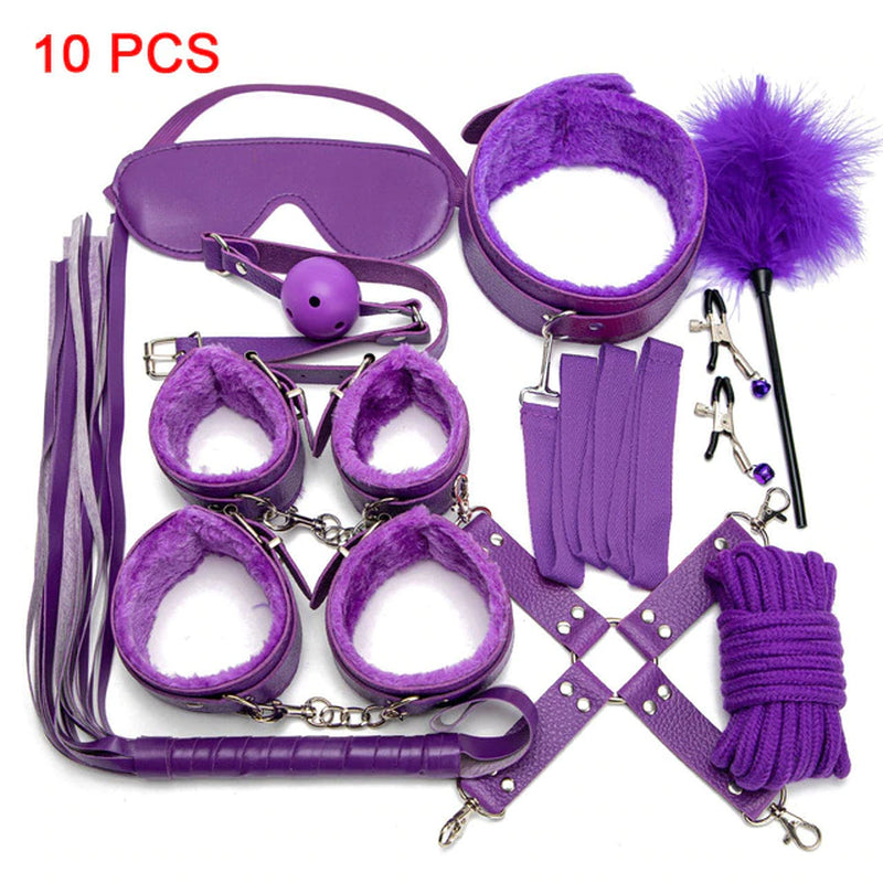 Sexy Leather BDSM Kits Plush Sex Bondage Set Handcuffs Sex Games Whip Gag Nipple Clamps Sex Toys for Couples Exotic Accessories