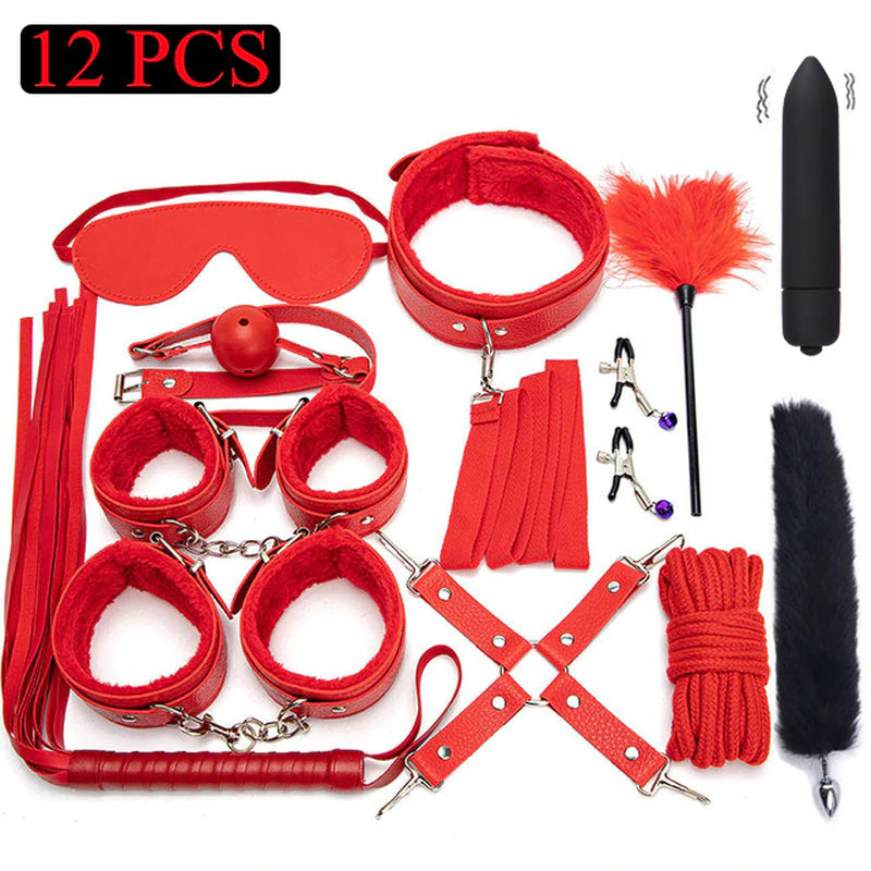 Sexy Leather BDSM Kits Plush Sex Bondage Set Handcuffs Sex Games Whip Gag Nipple Clamps Sex Toys for Couples Exotic Accessories