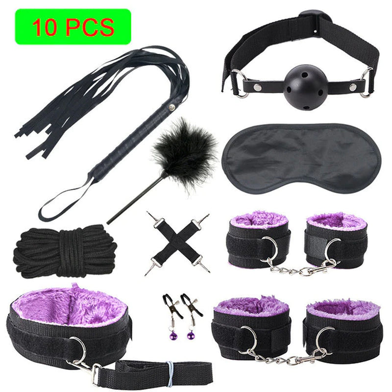 Sexy Leather BDSM Kits Plush Sex Bondage Set Handcuffs Sex Games Whip Gag Nipple Clamps Sex Toys for Couples Exotic Accessories