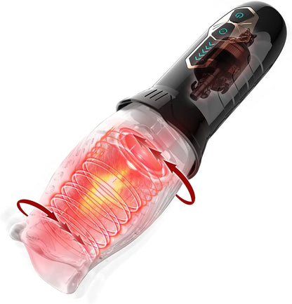 Cutaway illustration of a rotating male masturbator cup with a transparent sleeve
