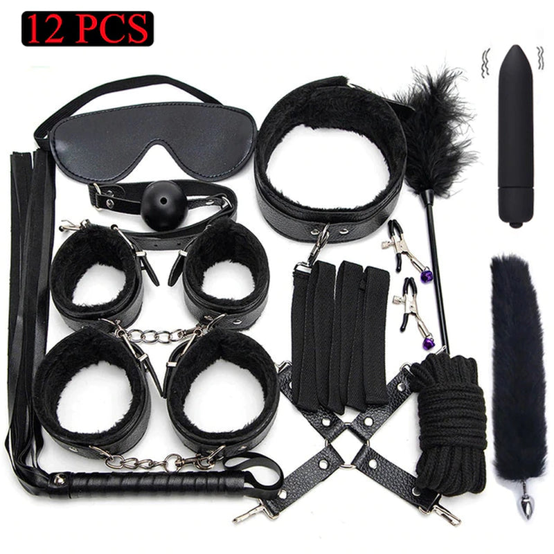 Sexy Leather BDSM Kits Plush Sex Bondage Set Handcuffs Sex Games Whip Gag Nipple Clamps Sex Toys for Couples Exotic Accessories