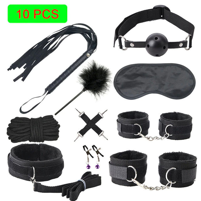 Sexy Leather BDSM Kits Plush Sex Bondage Set Handcuffs Sex Games Whip Gag Nipple Clamps Sex Toys for Couples Exotic Accessories