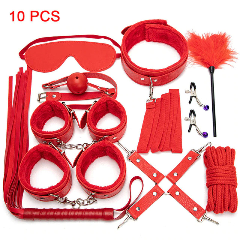 Sexy Leather BDSM Kits Plush Sex Bondage Set Handcuffs Sex Games Whip Gag Nipple Clamps Sex Toys for Couples Exotic Accessories