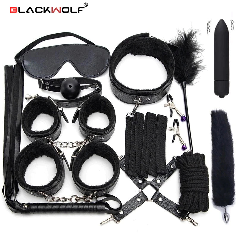 Sexy Leather BDSM Kits Plush Sex Bondage Set Handcuffs Sex Games Whip Gag Nipple Clamps Sex Toys for Couples Exotic Accessories