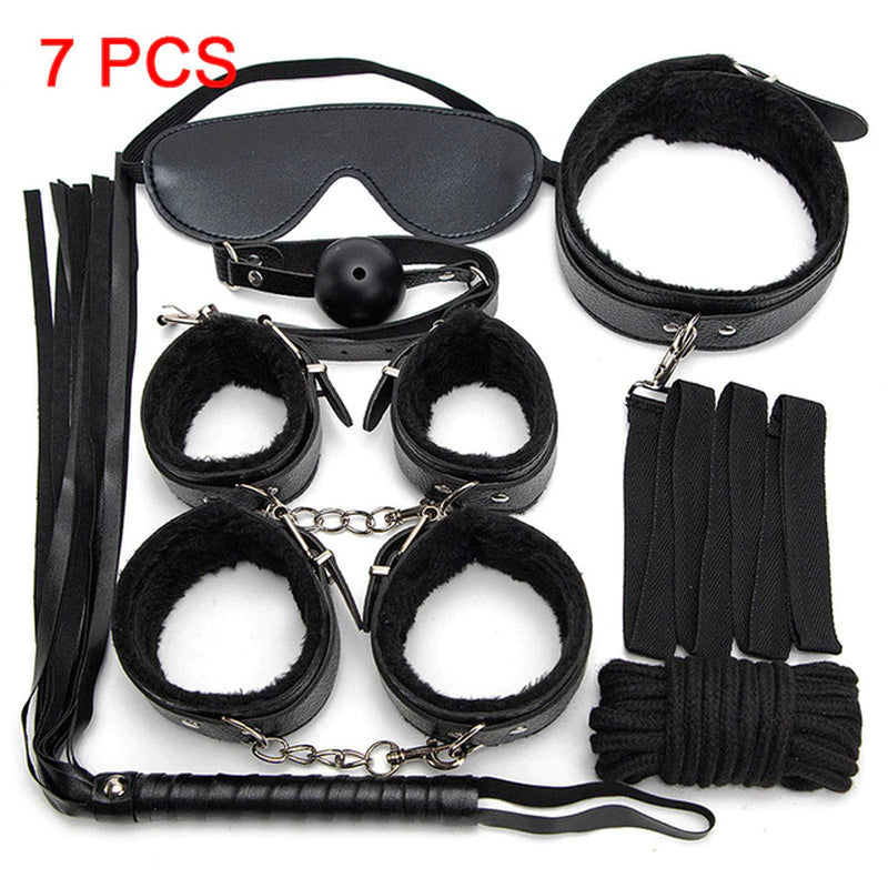 Sexy Leather BDSM Kits Plush Sex Bondage Set Handcuffs Sex Games Whip Gag Nipple Clamps Sex Toys for Couples Exotic Accessories