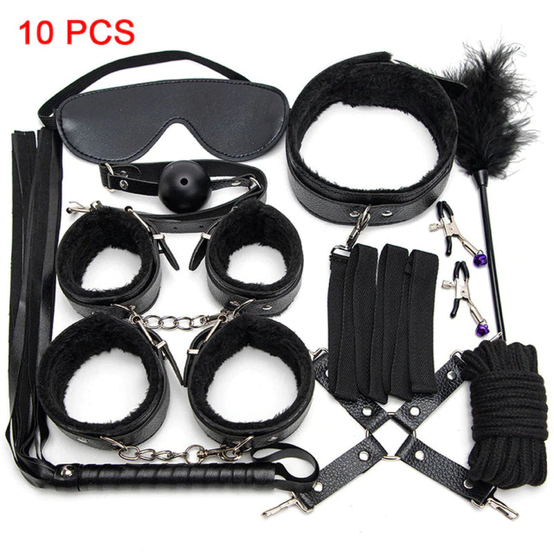 Sexy Leather BDSM Kits Plush Sex Bondage Set Handcuffs Sex Games Whip Gag Nipple Clamps Sex Toys for Couples Exotic Accessories