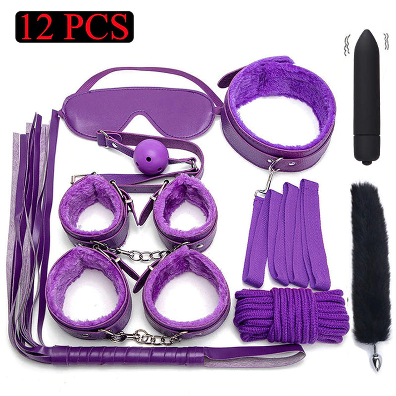 Sexy Leather BDSM Kits Plush Sex Bondage Set Handcuffs Sex Games Whip Gag Nipple Clamps Sex Toys for Couples Exotic Accessories