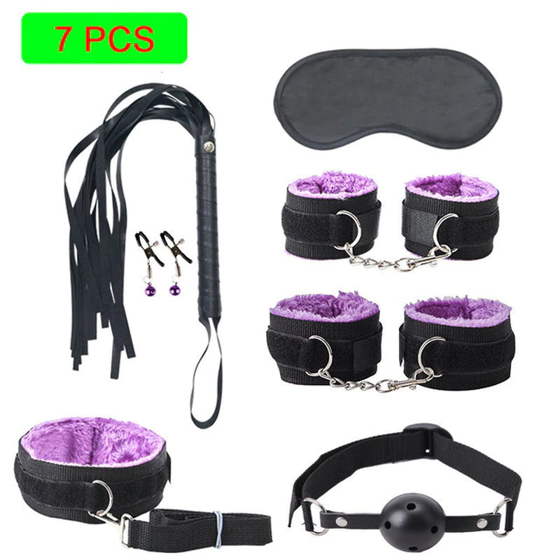 Sexy Leather BDSM Kits Plush Sex Bondage Set Handcuffs Sex Games Whip Gag Nipple Clamps Sex Toys for Couples Exotic Accessories